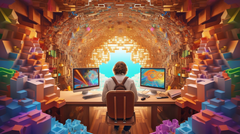 Artwork of a person typing in a fantasy computer room.